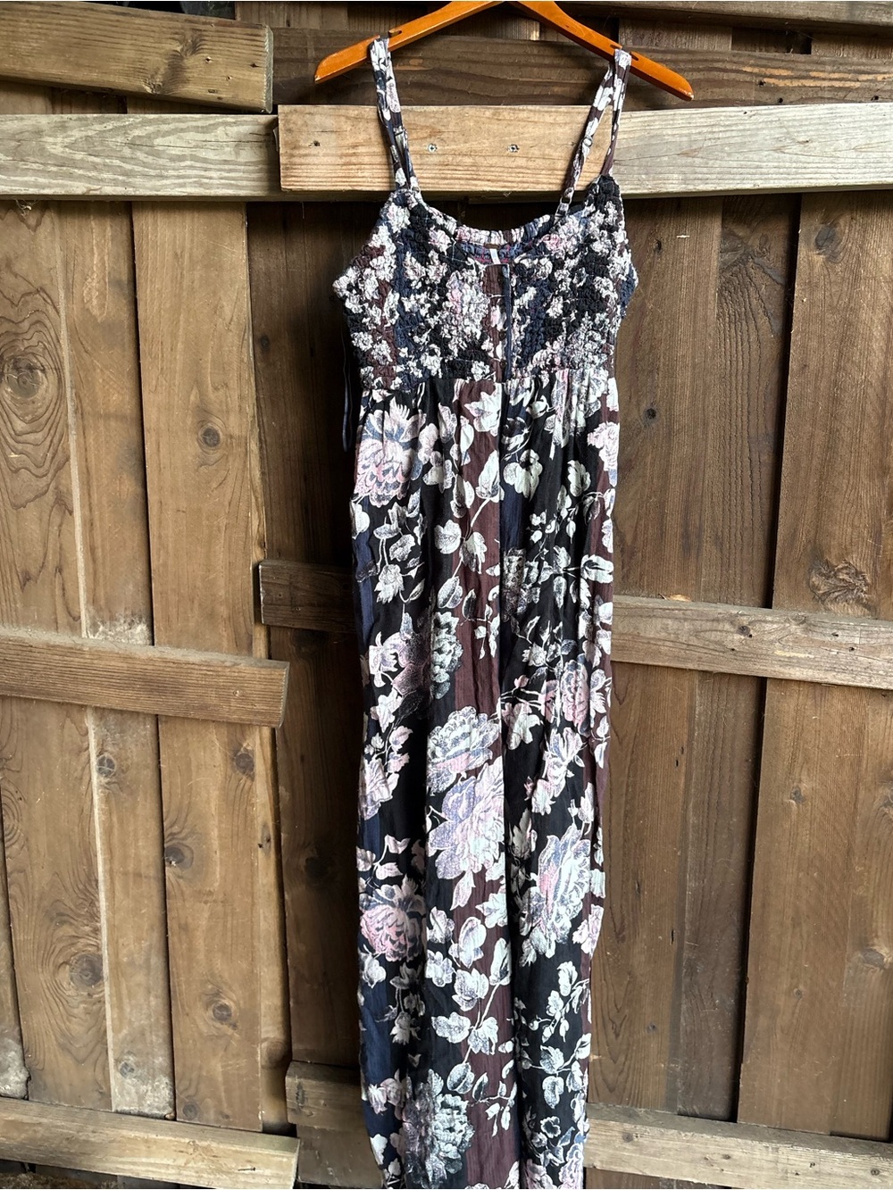Free People Smocked Patchwork Boho Floral Wide Leg Jumpsuit